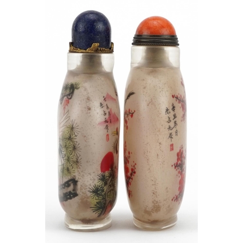 2316 - Two Chinese glass snuff bottles with stoppers hand painted with animals amongst flowers, each with c... 