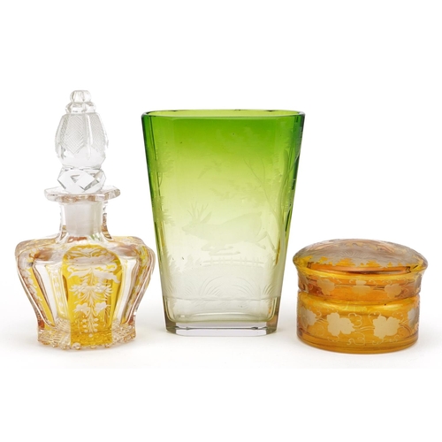 171 - Bohemian etched glassware including amber flashed scent bottle etched with flowers and a green overl... 