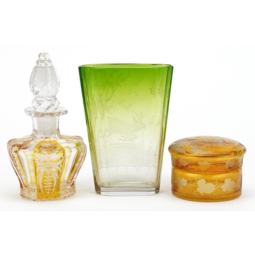 171 - Bohemian etched glassware including amber flashed scent bottle etched with flowers and a green overl... 