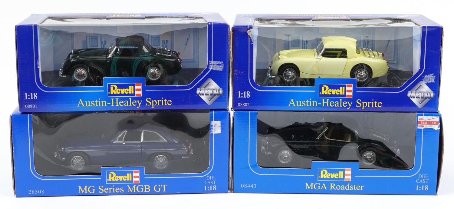 Four Revell 1:18 scale diecast vehicles with boxes comprising Austin Healey  Sprite, MG Series MGB GT