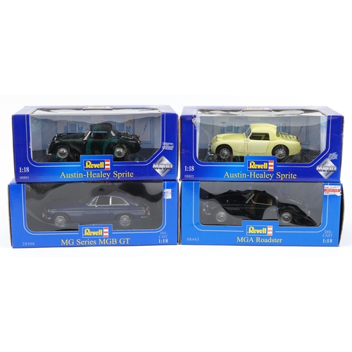 Four Revell 1:18 scale diecast vehicles with boxes comprising Austin Healey  Sprite, MG Series MGB GT