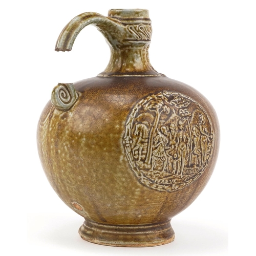 343 - Antique Bellarmine jug decorated in relief with mask and nude females, 21.5cm high