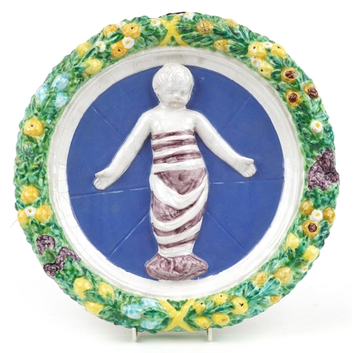 346 - Cantigalli, 1970's Italian Della Robbia style Maiolica wall plaque decorated in relief with a young ... 