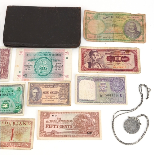 2587 - British world coinage and banknotes including a William IV 1835 East India Company one rupee on neck... 