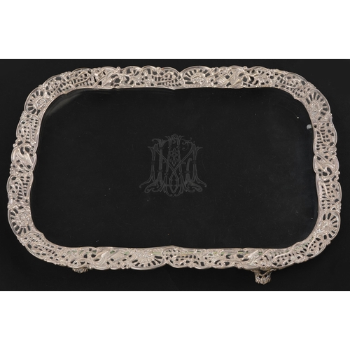 60 - Rupert Favell, Victorian silver mounted crystal serving tray acid etched with a monogram, the silver... 