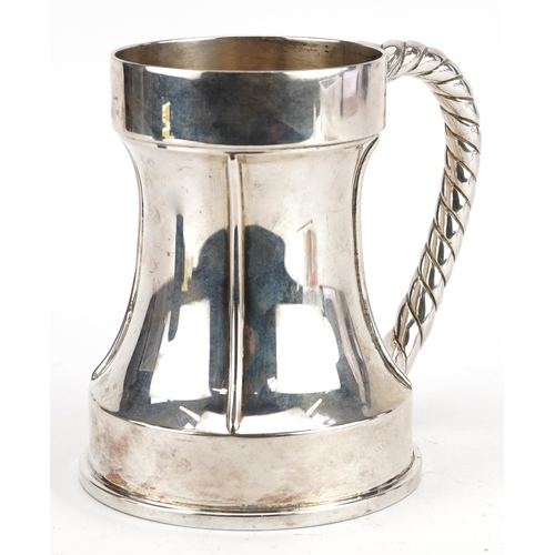 124 - Robert Pringle & Sons, Arts & Crafts silver one pint tankard with waisted body and rope twist design... 