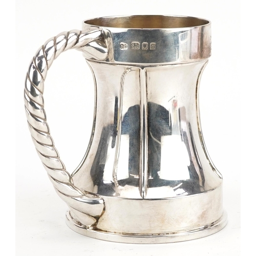 124 - Robert Pringle & Sons, Arts & Crafts silver one pint tankard with waisted body and rope twist design... 