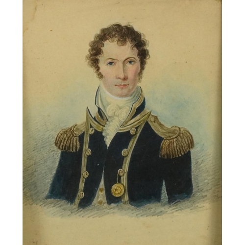 118 - Gentleman in naval dress, early 19th century watercolour on card, framed and glazed, 15cm x 12.5cm e... 