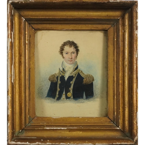 118 - Gentleman in naval dress, early 19th century watercolour on card, framed and glazed, 15cm x 12.5cm e... 