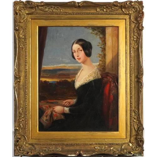 62 - Portrait of a female before a window, 19th century English school oil on board, mounted and framed, ... 