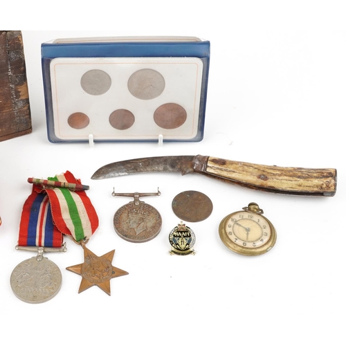 2449 - Naval interest sailor's ditty box and various militaria including three World War II medals, the dit... 