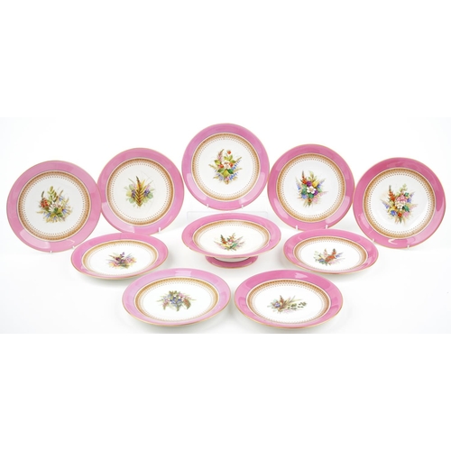 166 - Royal Worcester, Victorian pink ground Botanical dessert service hand painted with various flowers c... 
