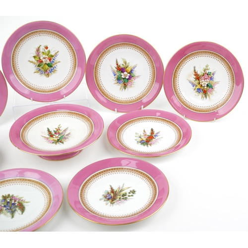 166 - Royal Worcester, Victorian pink ground Botanical dessert service hand painted with various flowers c... 