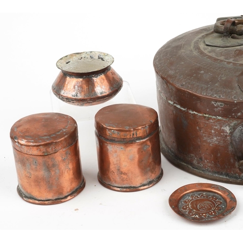 246 - Indian metalware including coppered metal betel nut box with carrying handle, 25cm in diameter