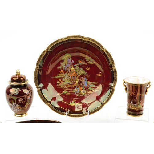 517 - Carltonware Rouge Royale including Pagoda pattern centre dish, twin handled vase and vase with cover... 