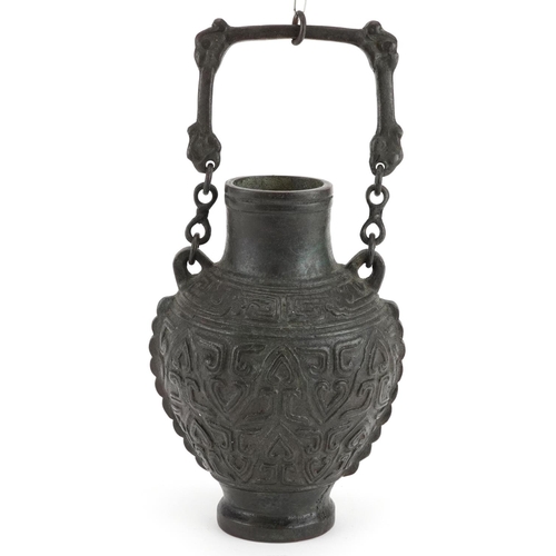 2366 - Chinese archaic style bronzed hanging vase, overall 25cm high