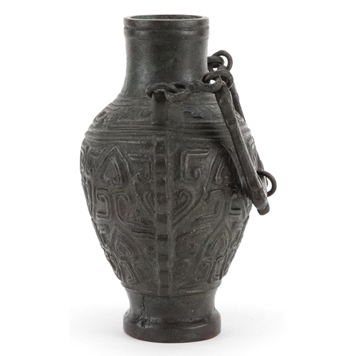 2366 - Chinese archaic style bronzed hanging vase, overall 25cm high