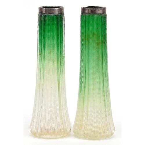 330 - Pair of Art Nouveau green and clear glass flower vases with silver rims, the rims William Amaziah El... 