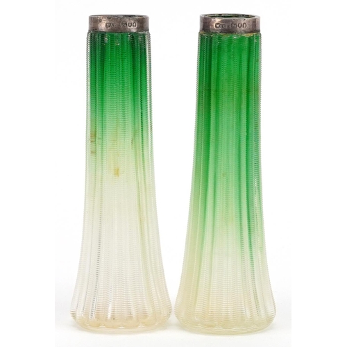 330 - Pair of Art Nouveau green and clear glass flower vases with silver rims, the rims William Amaziah El... 