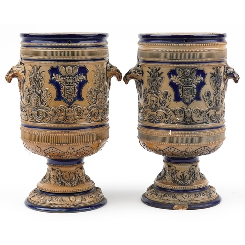 98 - Royal Doulton, pair of Victorian salt glazed stoneware barrels with animalia handles decorated in lo... 