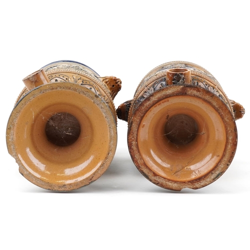 98 - Royal Doulton, pair of Victorian salt glazed stoneware barrels with animalia handles decorated in lo... 