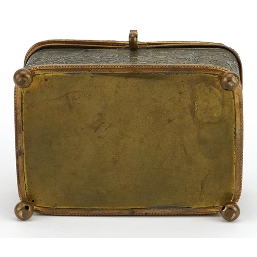 500 - 19th century European foliate brass jewel casket with bevelled glass and silk lined button back inte... 