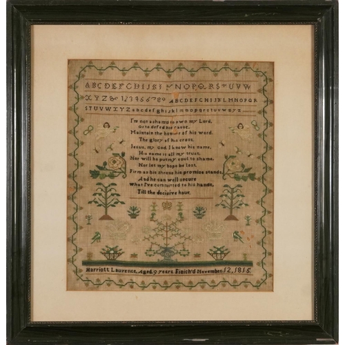 67 - Early 19th century needlework sampler with alphabet and verse by Harriott Laurence aged 9 years, fin... 