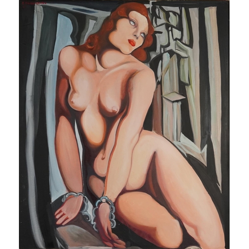147 - Clive Fredriksson after Tamara de Lempicka - Nude Art Deco female, Impressionist oil on board, frame... 