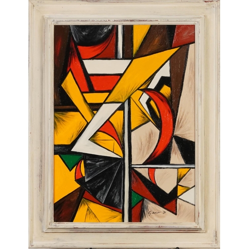 504 - Circle of William Gear - Abstract composition, oil on Masonite, framed, 47cm x 34cm excluding the fr... 