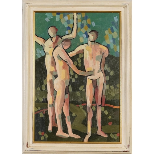 422 - Follower of Keith Vaughan - Three nude males, Welsh school oil on boards, inscribed verso, framed, 4... 