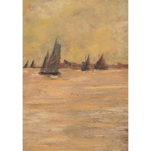 92 - Manner of Edward Seago - Sailing boats on water, Impressionist oil on board, framed, 23cm x 17cm exc... 