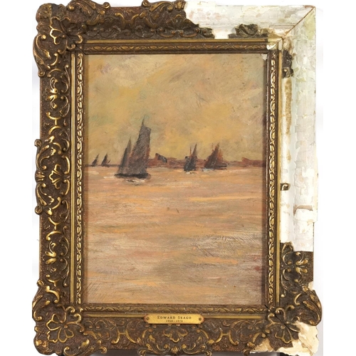 92 - Manner of Edward Seago - Sailing boats on water, Impressionist oil on board, framed, 23cm x 17cm exc... 