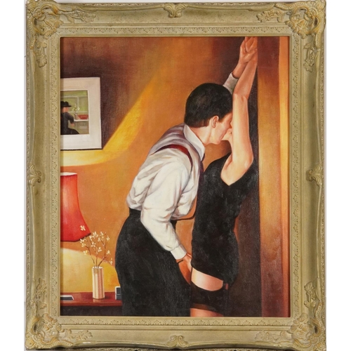 214 - After Jacques Vettriano - Erotic lovers, oil on canvas, framed, 60cm x 50cm excluding the frame