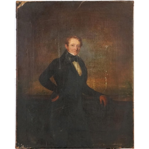94 - Full length portrait of a gentleman, early 19th century English school oil on canvas, unframed, 41cm... 