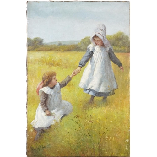 148 - Two young girls playing in a field, Impressionist oil on canvas, unframed, 76cm x 50cm