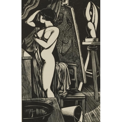 361 - John Buckland Wright - Art Deco Females and Boat in Water, three prints including two tone wood engr... 