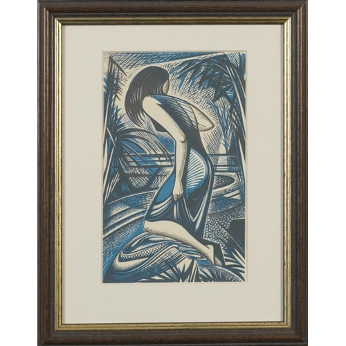 361 - John Buckland Wright - Art Deco Females and Boat in Water, three prints including two tone wood engr... 