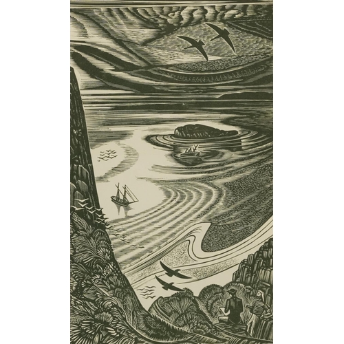 361 - John Buckland Wright - Art Deco Females and Boat in Water, three prints including two tone wood engr... 