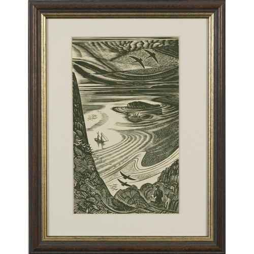 361 - John Buckland Wright - Art Deco Females and Boat in Water, three prints including two tone wood engr... 