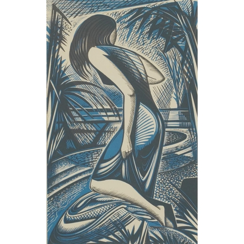 361 - John Buckland Wright - Art Deco Females and Boat in Water, three prints including two tone wood engr... 