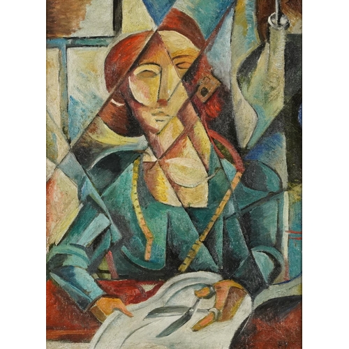 163 - Nadezhda Udaltsova - Seamstress, Russian Cubist oil on canvas, label and inscription verso, mounted ... 