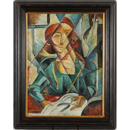 163 - Nadezhda Udaltsova - Seamstress, Russian Cubist oil on canvas, label and inscription verso, mounted ... 