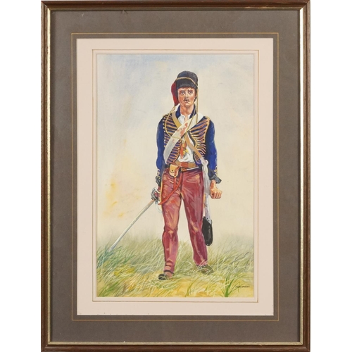 365 - Leonard Dawkins Soldier, watercolour, mounted and framed, 31cm x 23cm excluding the mount and frame