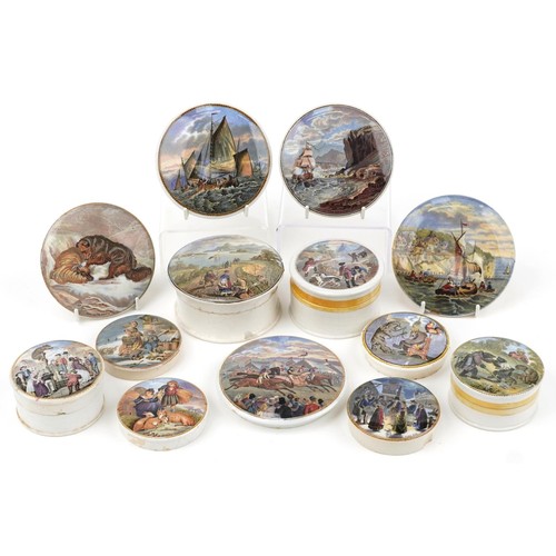 164 - Thirteen Victorian Prattware pot lids, four with bases including four from the Bears Grease series, ... 