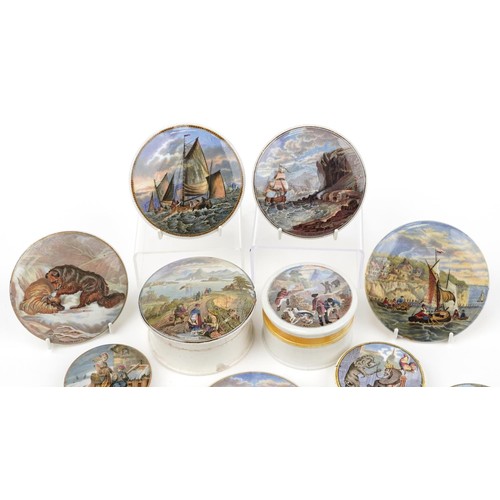 164 - Thirteen Victorian Prattware pot lids, four with bases including four from the Bears Grease series, ... 