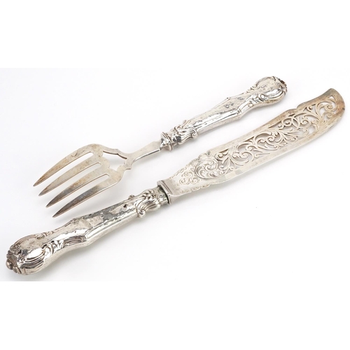 226 - Joseph Gloster, Victorian silver fish slice and fork with pierced and engraved foliate blades, Birmi... 