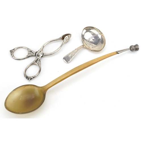 122 - Georgian and later silver comprising Georgian caddy spoon, pair of Victorian silver sugar nips and a... 