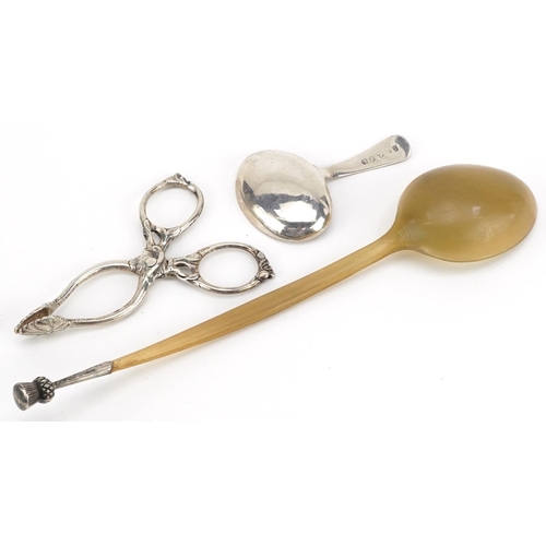 122 - Georgian and later silver comprising Georgian caddy spoon, pair of Victorian silver sugar nips and a... 