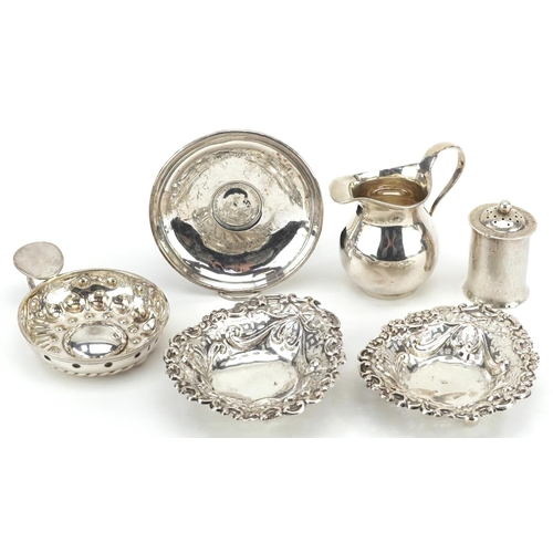 227 - Edwardian and later silver objects comprising a pair of pierced and embossed bonbon dishes, Edward V... 