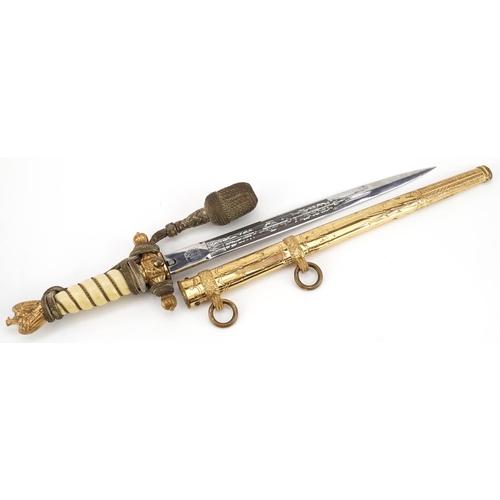 2488 - German military Third Reich naval officer's dagger by Karl Eckhorn with scabbard, engraved steel bla... 